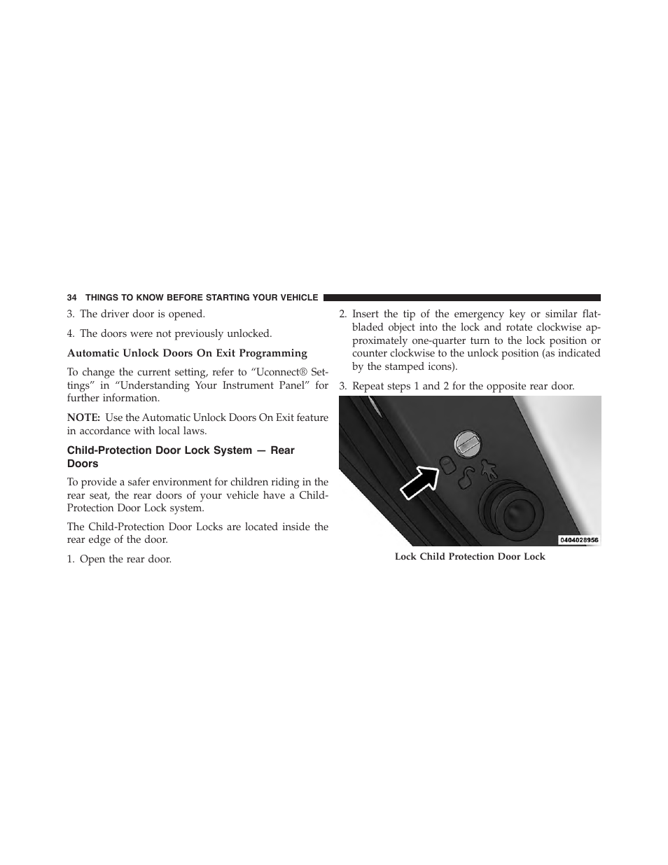 Automatic unlock doors on exit programming, Child-protection door lock system — rear doors, Child-protection door lock system | Rear doors | Chrysler 2015 200 - Owner Manual User Manual | Page 36 / 694