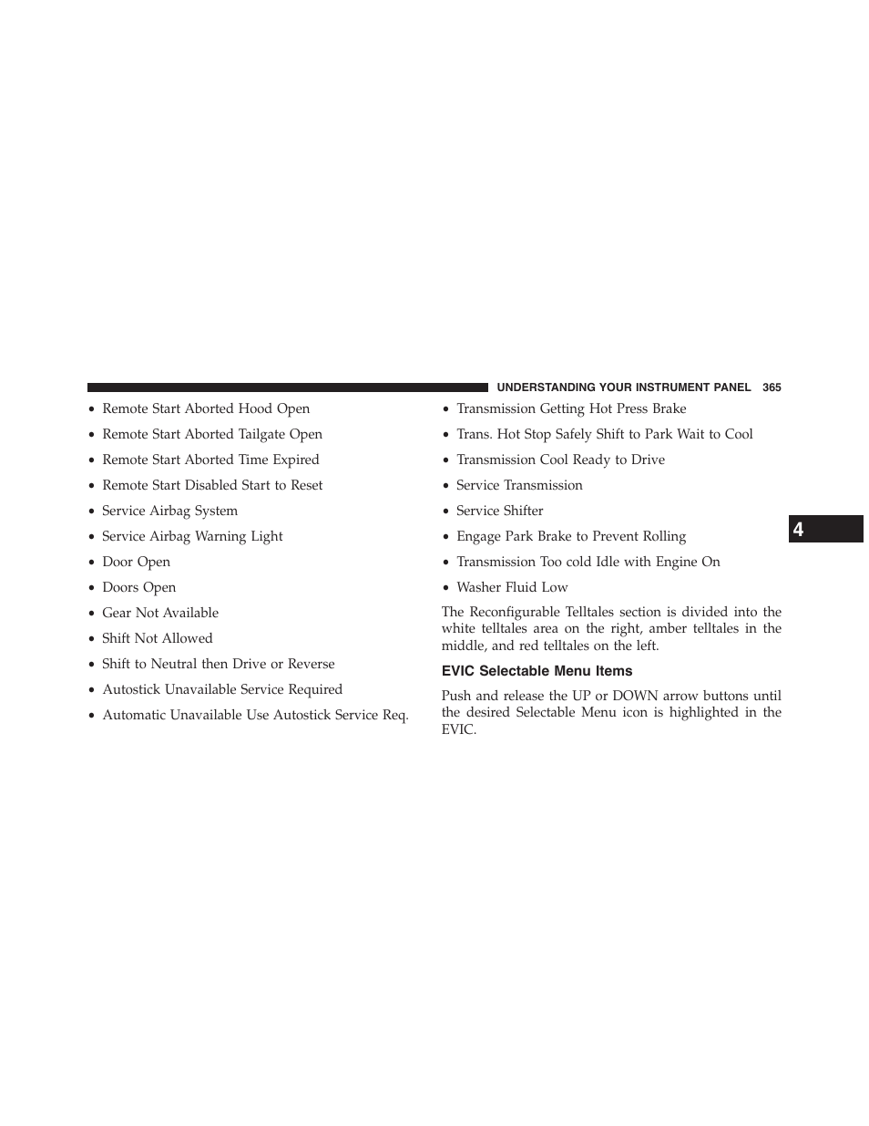 Evic selectable menu items | Chrysler 2015 200 - Owner Manual User Manual | Page 367 / 694