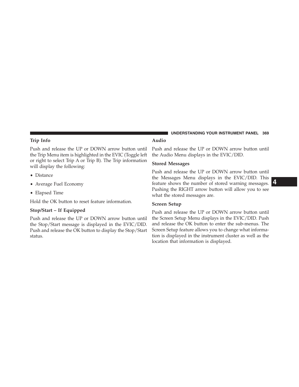 Trip info, Stop/start – if equipped, Audio | Stored messages, Screen setup | Chrysler 2015 200 - Owner Manual User Manual | Page 371 / 694