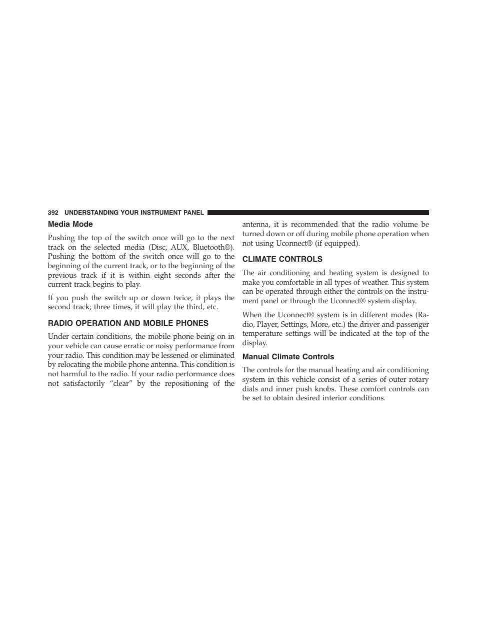 Media mode, Radio operation and mobile phones, Climate controls | Manual climate controls | Chrysler 2015 200 - Owner Manual User Manual | Page 394 / 694
