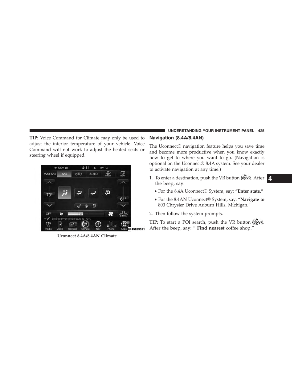 Navigation (8.4a/8.4an) | Chrysler 2015 200 - Owner Manual User Manual | Page 427 / 694