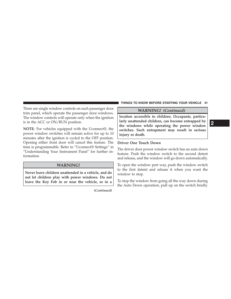 Driver one touch down | Chrysler 2015 200 - Owner Manual User Manual | Page 43 / 694