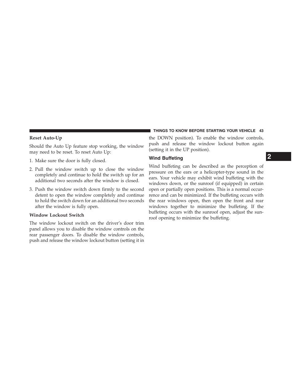 Reset auto-up, Window lockout switch, Wind buffeting | Chrysler 2015 200 - Owner Manual User Manual | Page 45 / 694