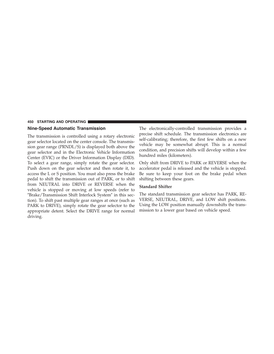 Nine-speed automatic transmission | Chrysler 2015 200 - Owner Manual User Manual | Page 452 / 694