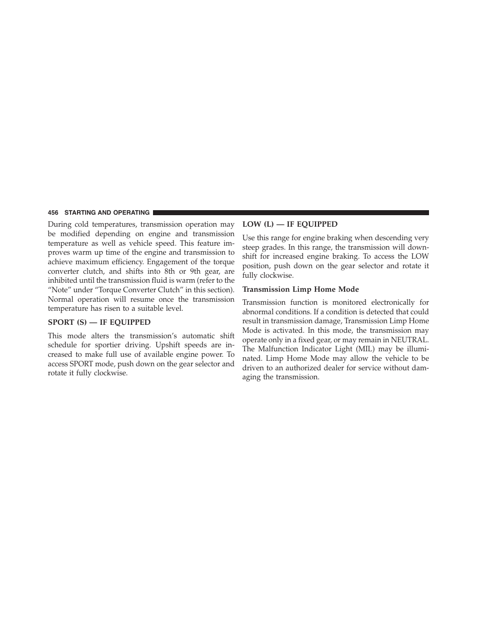 Sport (s) — if equipped, Low (l) — if equipped, Transmission limp home mode | Chrysler 2015 200 - Owner Manual User Manual | Page 458 / 694