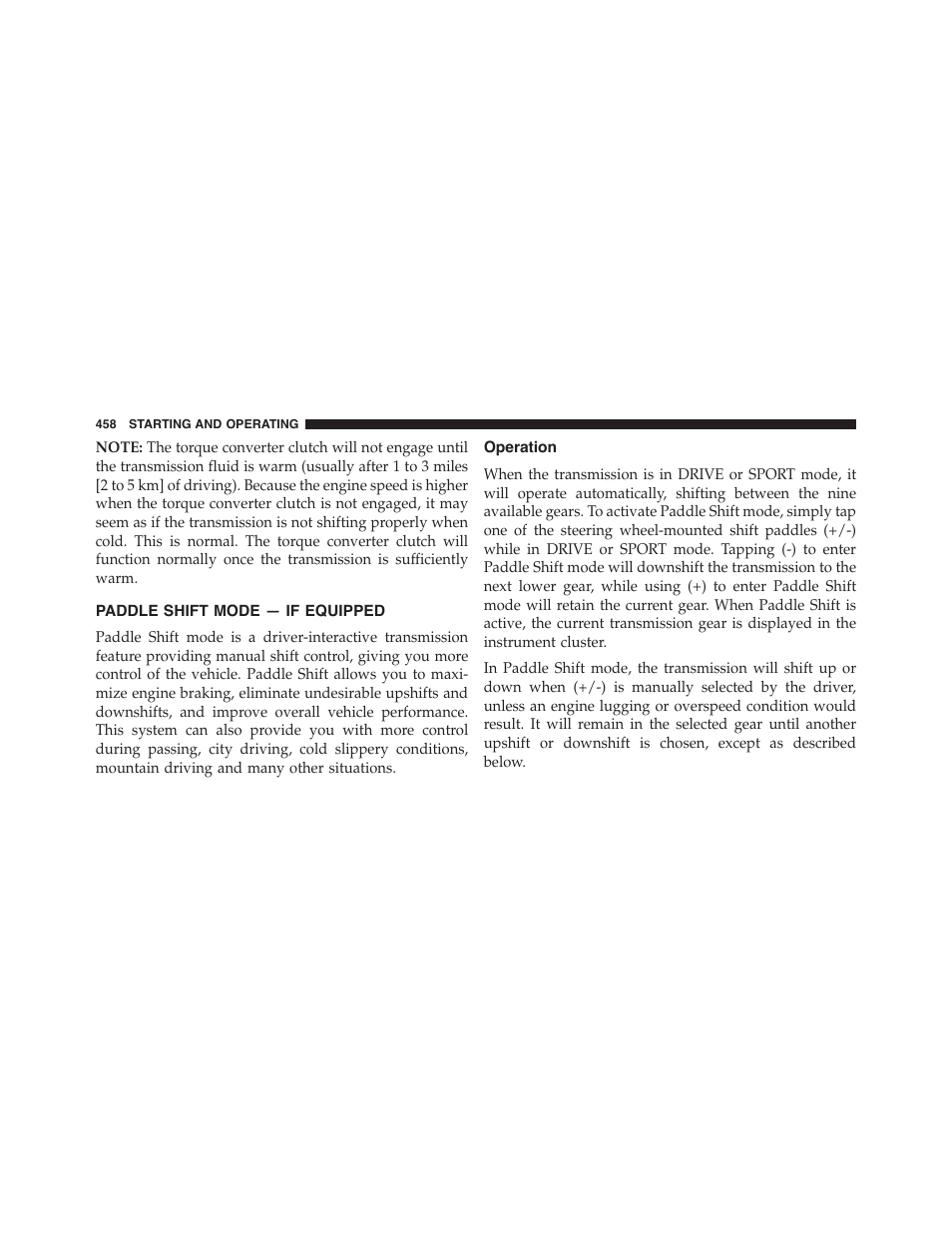 Paddle shift mode — if equipped, Operation | Chrysler 2015 200 - Owner Manual User Manual | Page 460 / 694