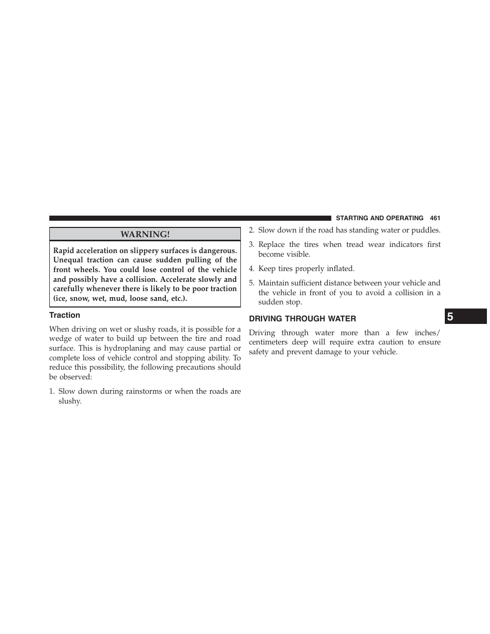 Traction, Driving through water | Chrysler 2015 200 - Owner Manual User Manual | Page 463 / 694