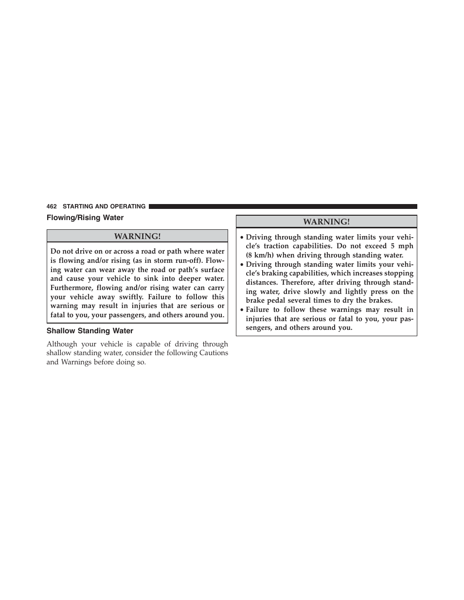 Flowing/rising water, Shallow standing water | Chrysler 2015 200 - Owner Manual User Manual | Page 464 / 694