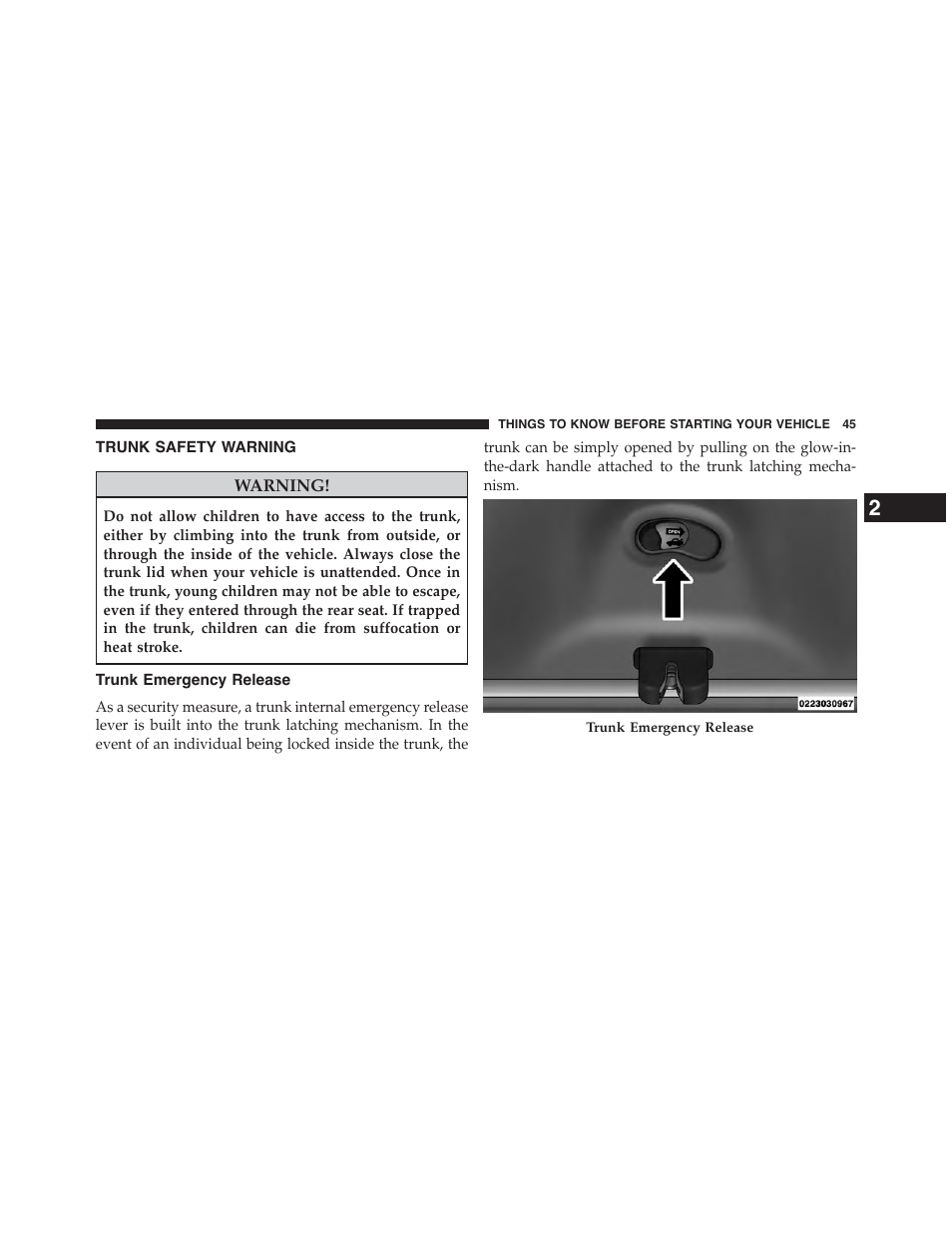 Trunk safety warning, Trunk emergency release | Chrysler 2015 200 - Owner Manual User Manual | Page 47 / 694