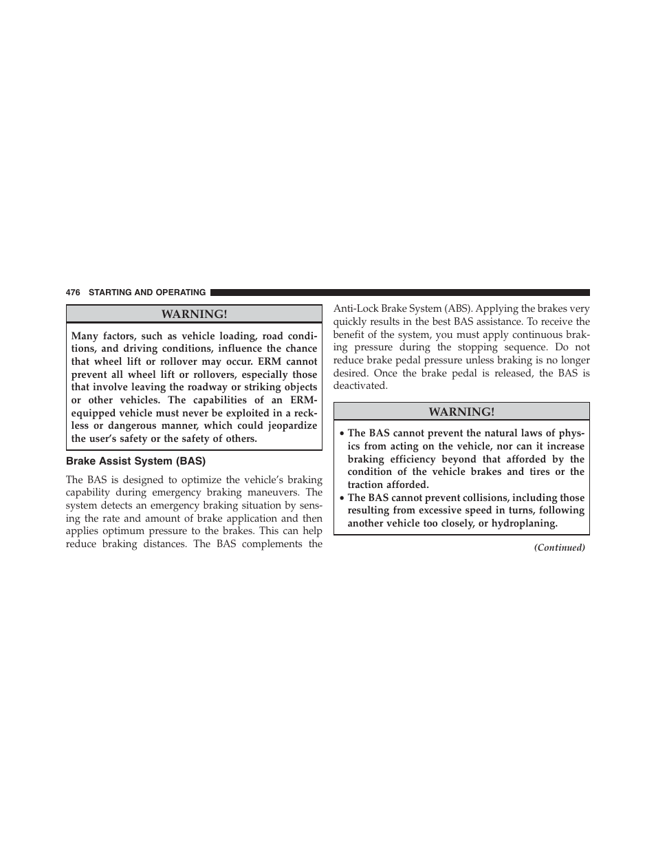 Brake assist system (bas) | Chrysler 2015 200 - Owner Manual User Manual | Page 478 / 694