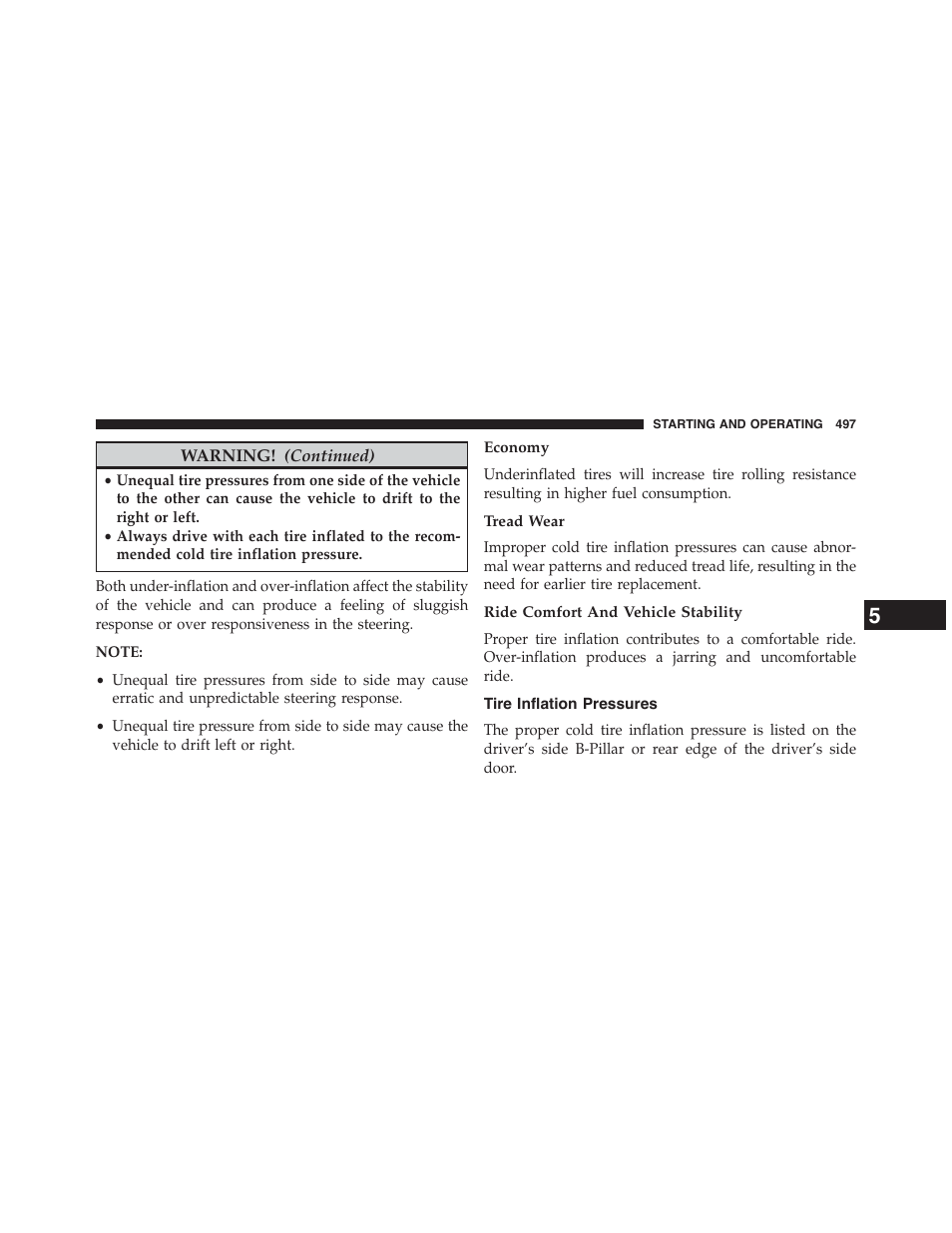 Economy, Tread wear, Ride comfort and vehicle stability | Tire inflation pressures | Chrysler 2015 200 - Owner Manual User Manual | Page 499 / 694