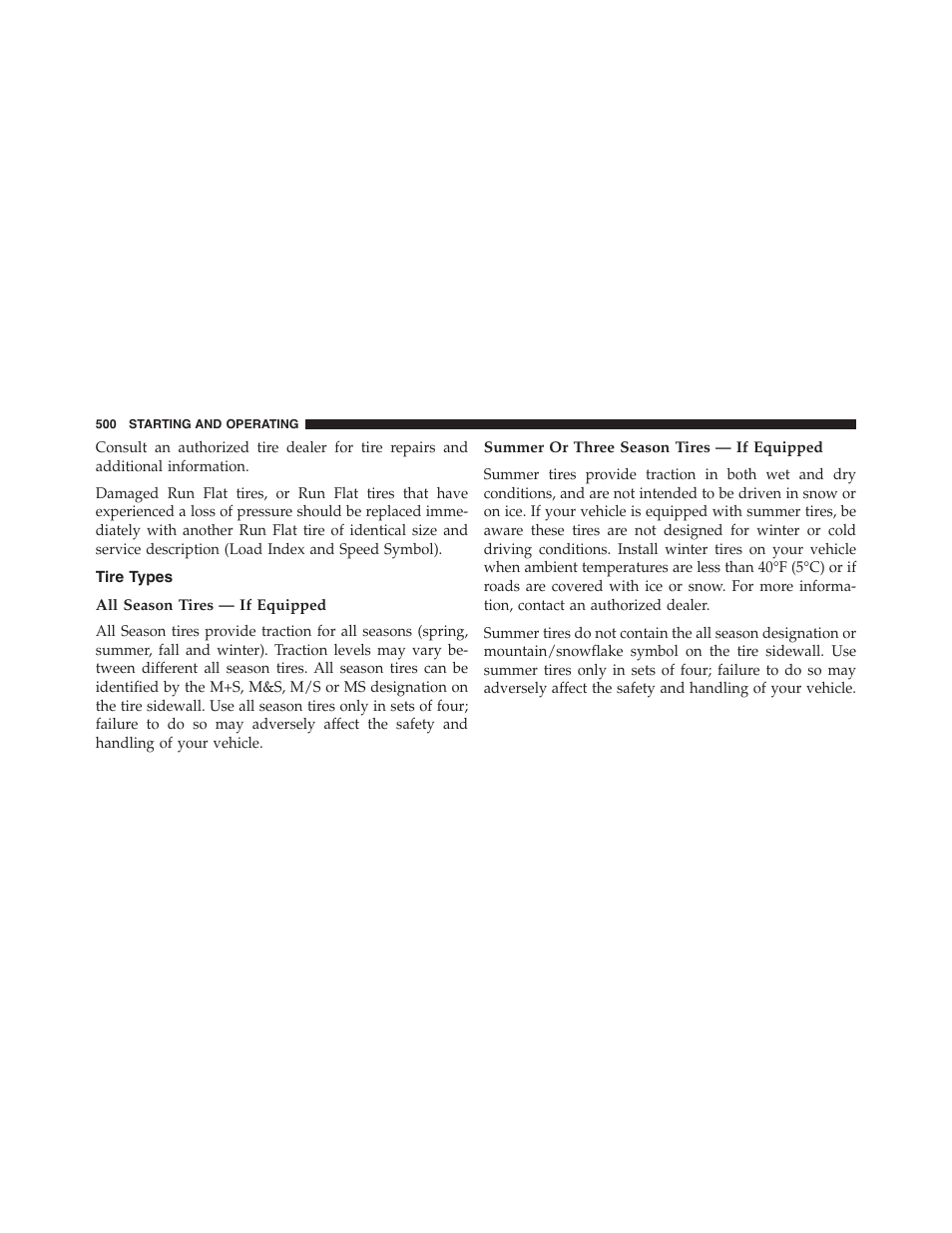 Tire types, All season tires — if equipped, Summer or three season tires — if equipped | Chrysler 2015 200 - Owner Manual User Manual | Page 502 / 694