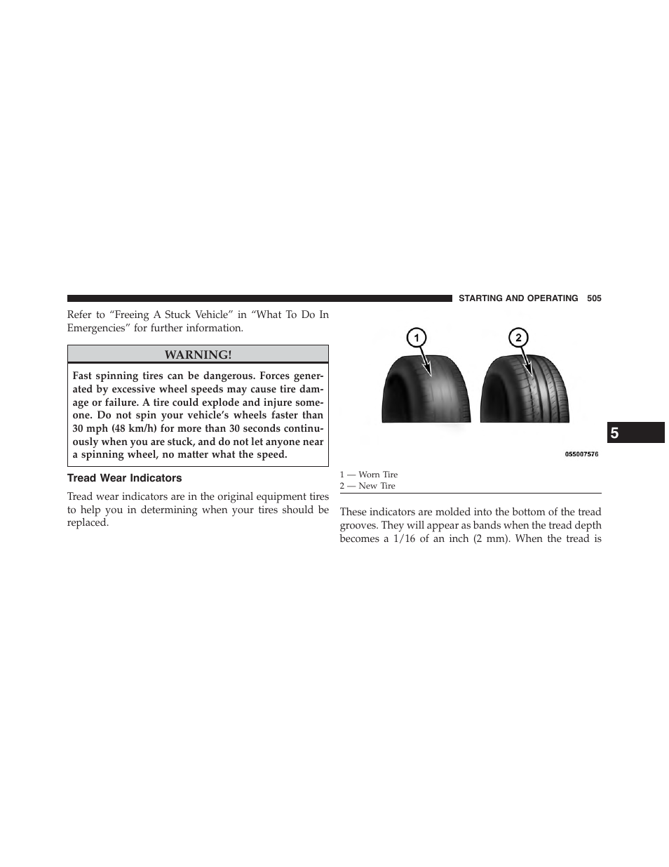 Tread wear indicators | Chrysler 2015 200 - Owner Manual User Manual | Page 507 / 694