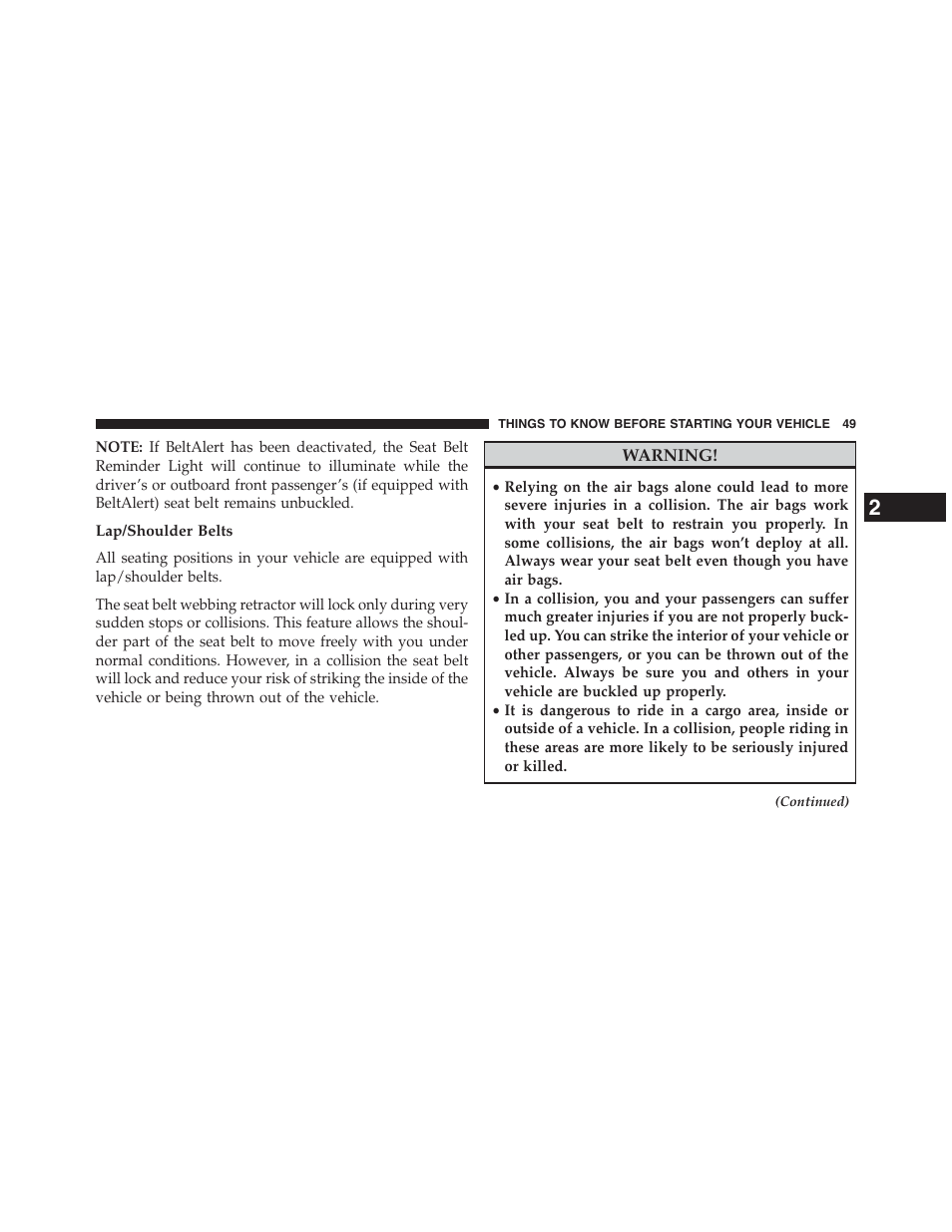 Lap/shoulder belts | Chrysler 2015 200 - Owner Manual User Manual | Page 51 / 694