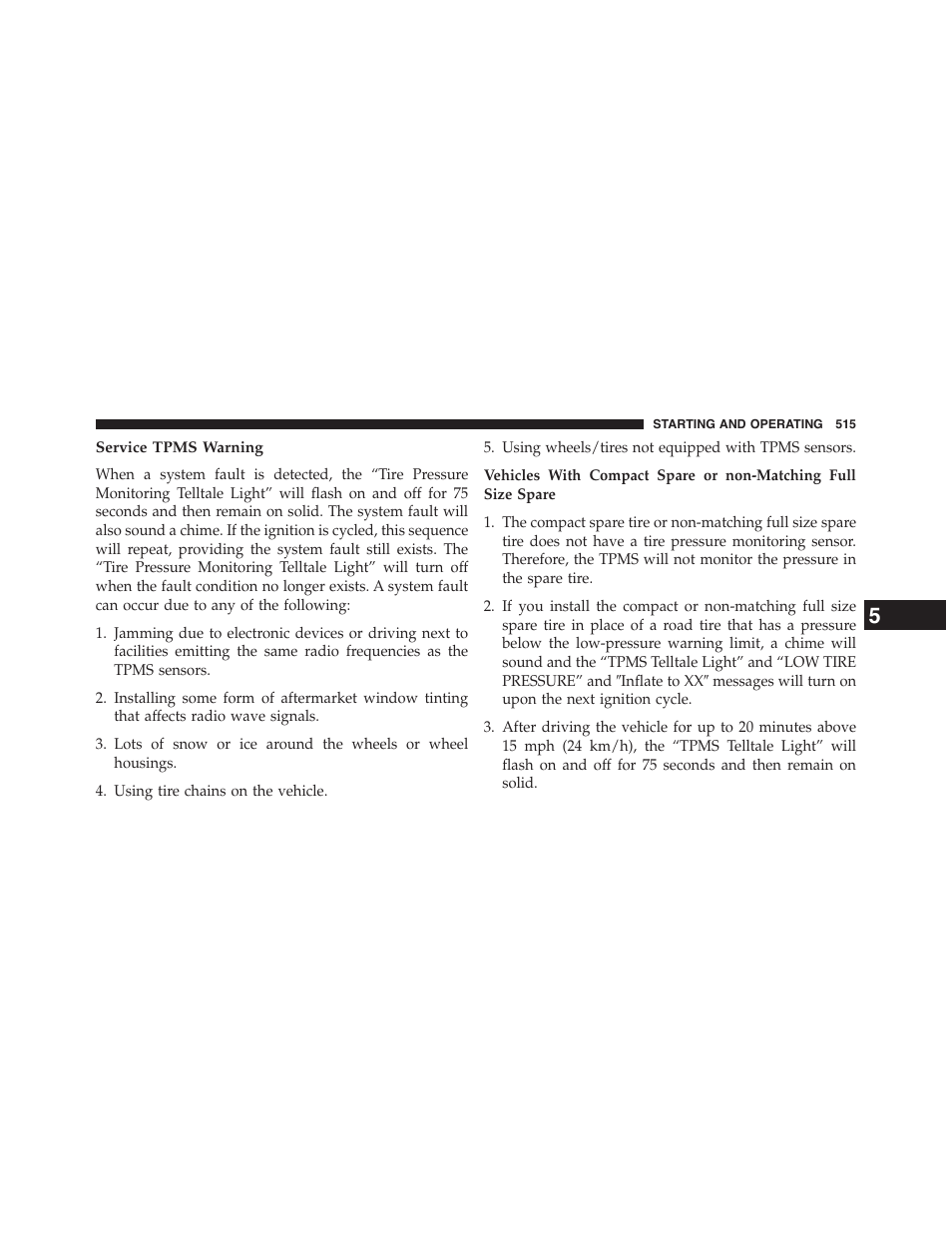 Service tpms warning | Chrysler 2015 200 - Owner Manual User Manual | Page 517 / 694