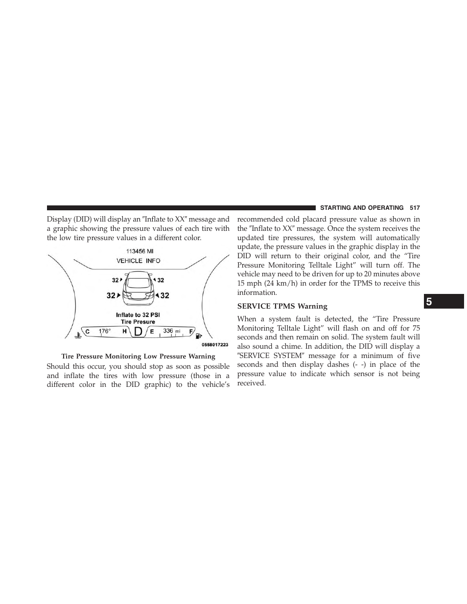 Service tpms warning | Chrysler 2015 200 - Owner Manual User Manual | Page 519 / 694