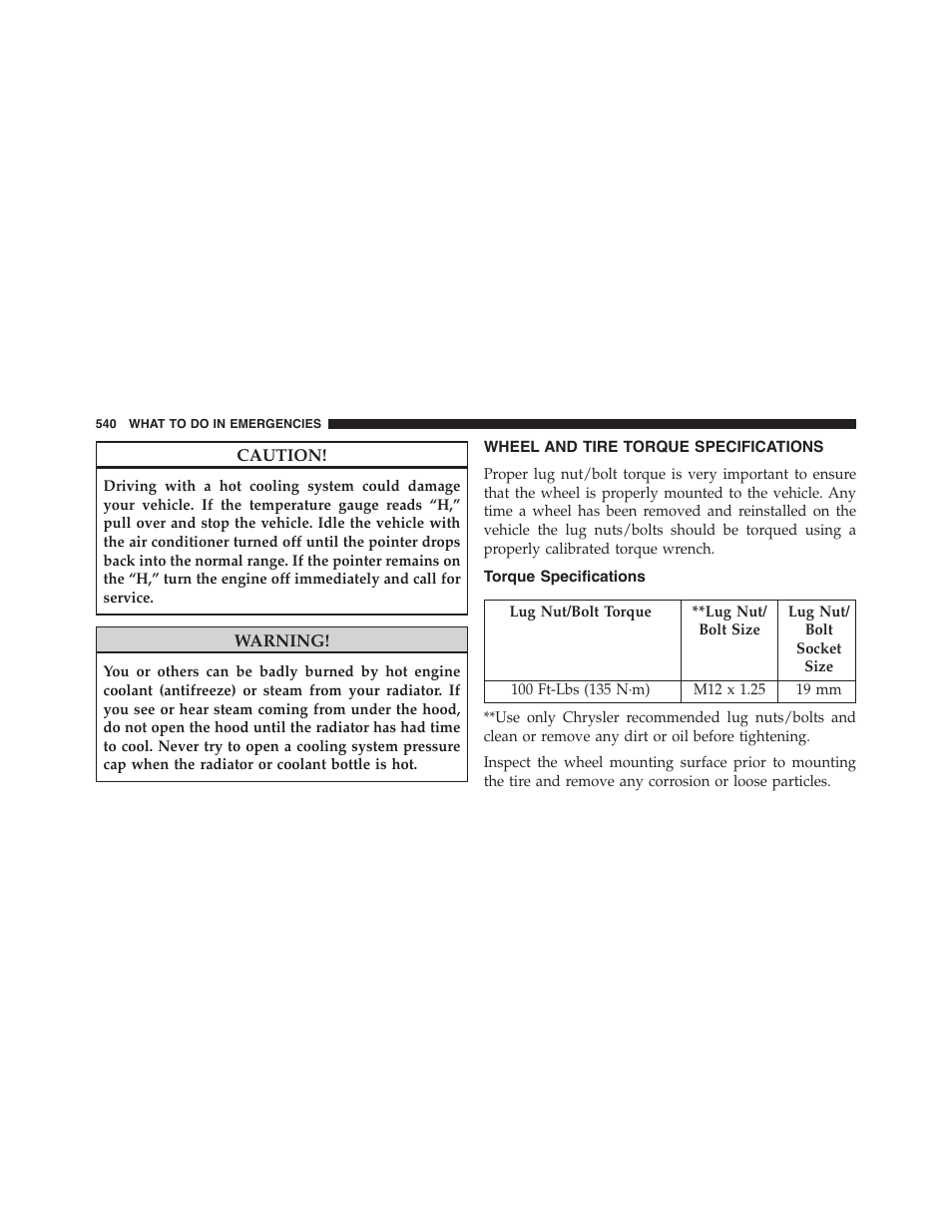 Wheel and tire torque specifications, Torque specifications, Wheel and tire torque | Specifications | Chrysler 2015 200 - Owner Manual User Manual | Page 542 / 694