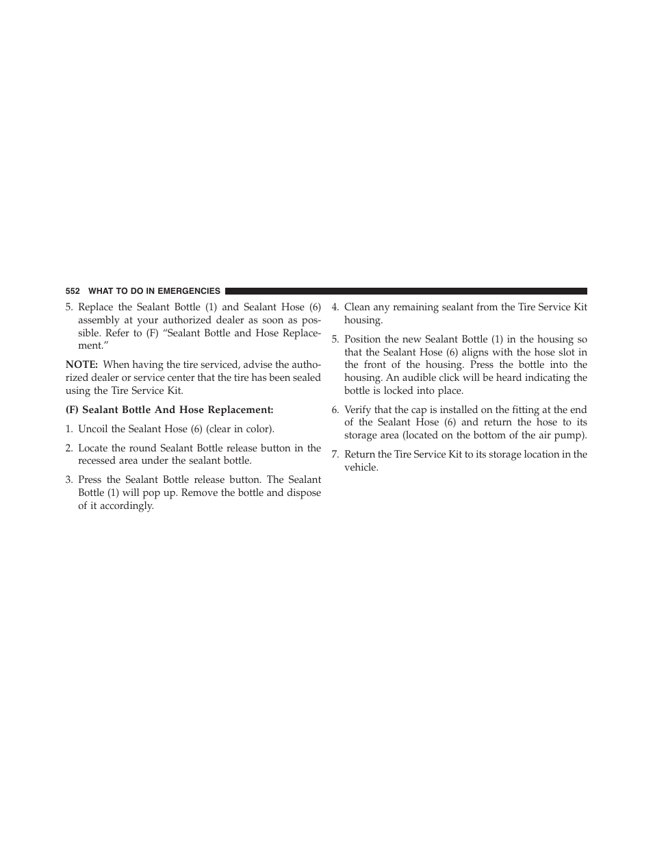 F) sealant bottle and hose replacement | Chrysler 2015 200 - Owner Manual User Manual | Page 554 / 694