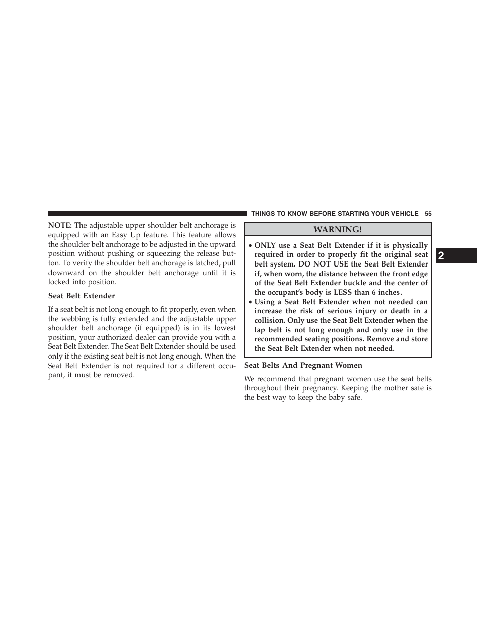 Seat belt extender, Seat belts and pregnant women | Chrysler 2015 200 - Owner Manual User Manual | Page 57 / 694