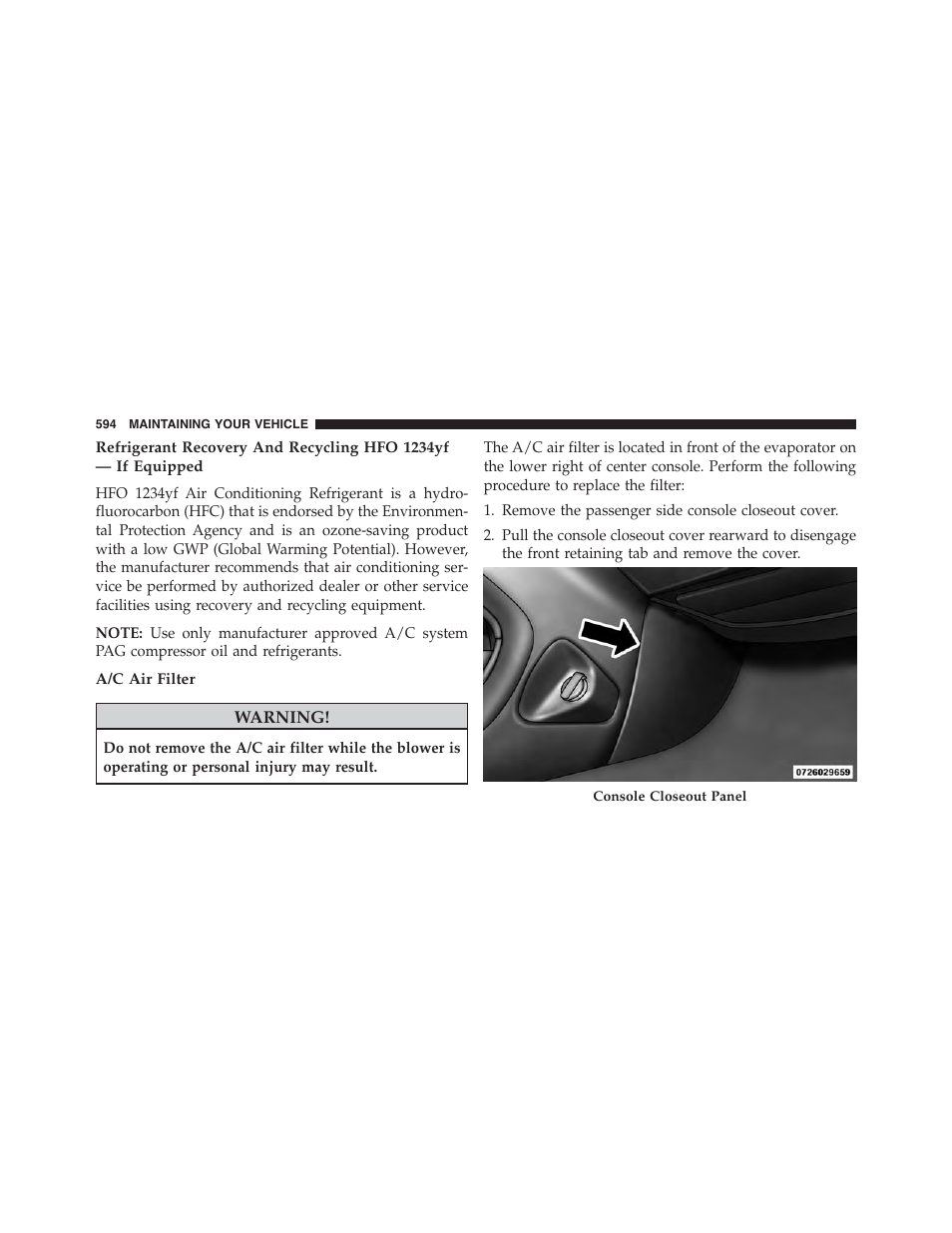 A/c air filter | Chrysler 2015 200 - Owner Manual User Manual | Page 596 / 694