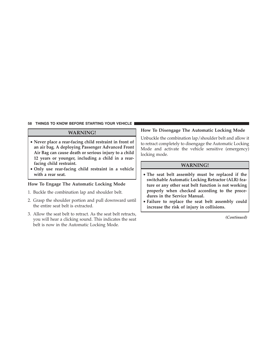 How to engage the automatic locking mode, How to disengage the automatic locking mode | Chrysler 2015 200 - Owner Manual User Manual | Page 60 / 694