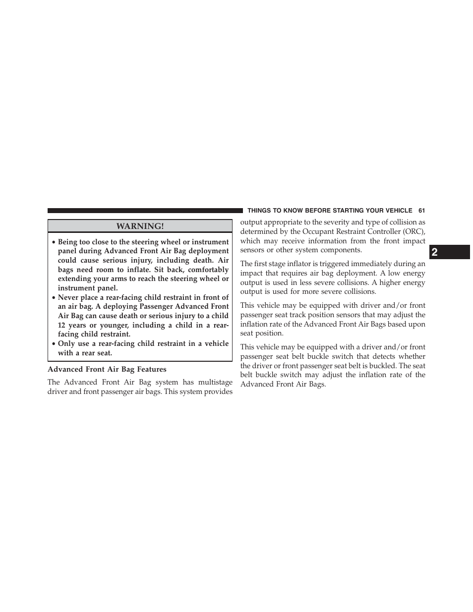Advanced front air bag features | Chrysler 2015 200 - Owner Manual User Manual | Page 63 / 694
