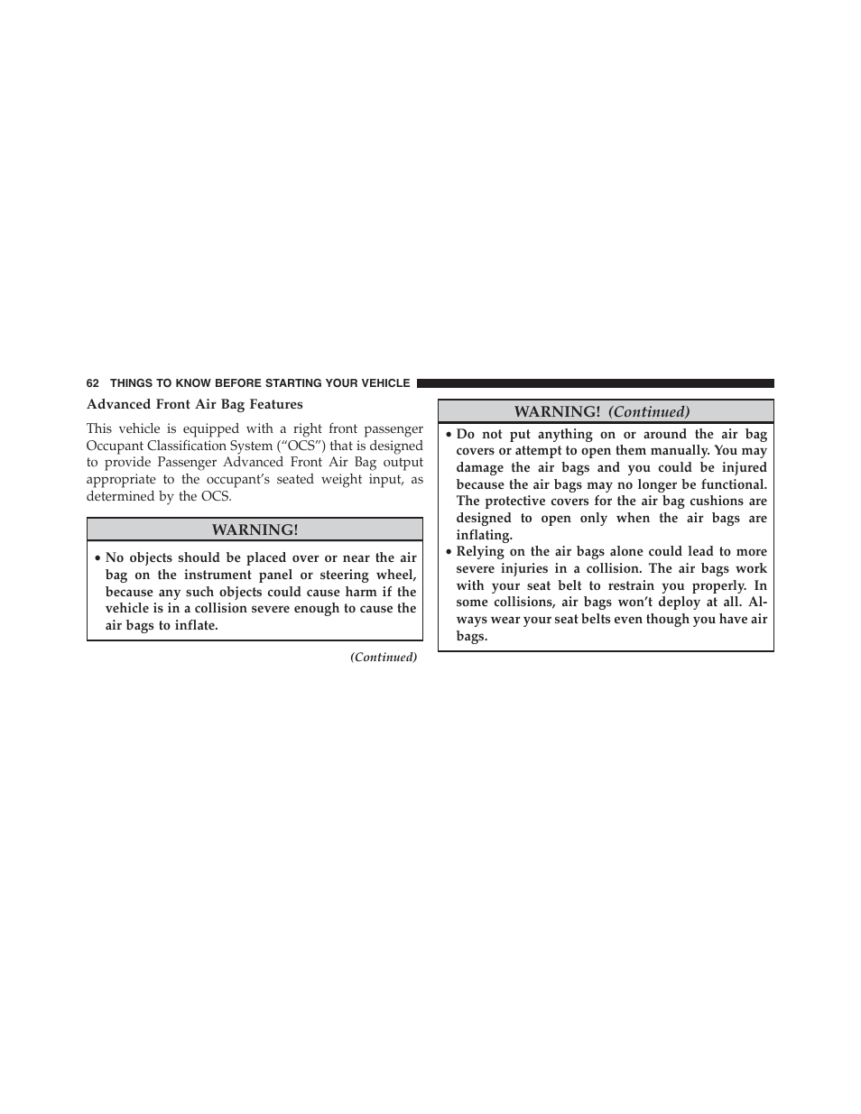 Advanced front air bag features | Chrysler 2015 200 - Owner Manual User Manual | Page 64 / 694