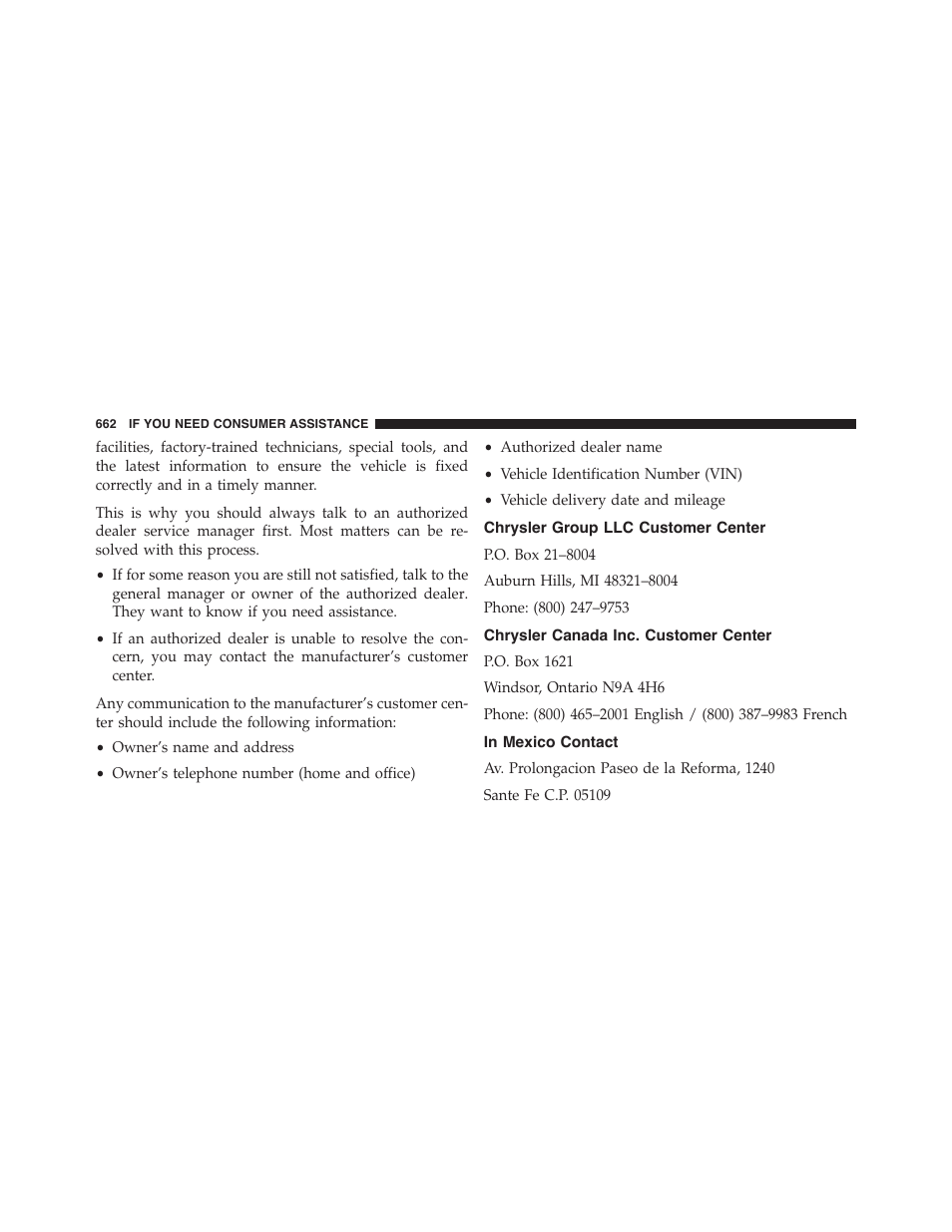 Chrysler group llc customer center, Chrysler canada inc. customer center, In mexico contact | Chrysler 2015 200 - Owner Manual User Manual | Page 664 / 694