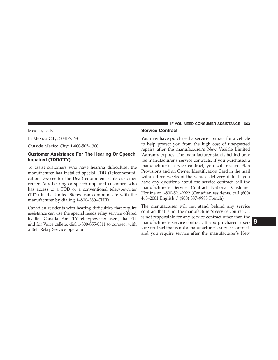 Service contract, Customer assistance for the hearing or speech, Impaired (tdd/tty) | Chrysler 2015 200 - Owner Manual User Manual | Page 665 / 694