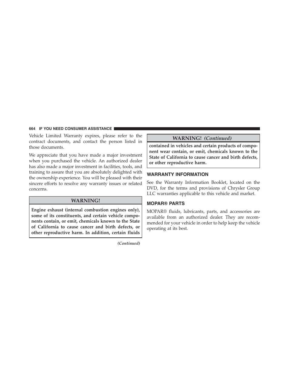 Warranty information, Mopar® parts | Chrysler 2015 200 - Owner Manual User Manual | Page 666 / 694