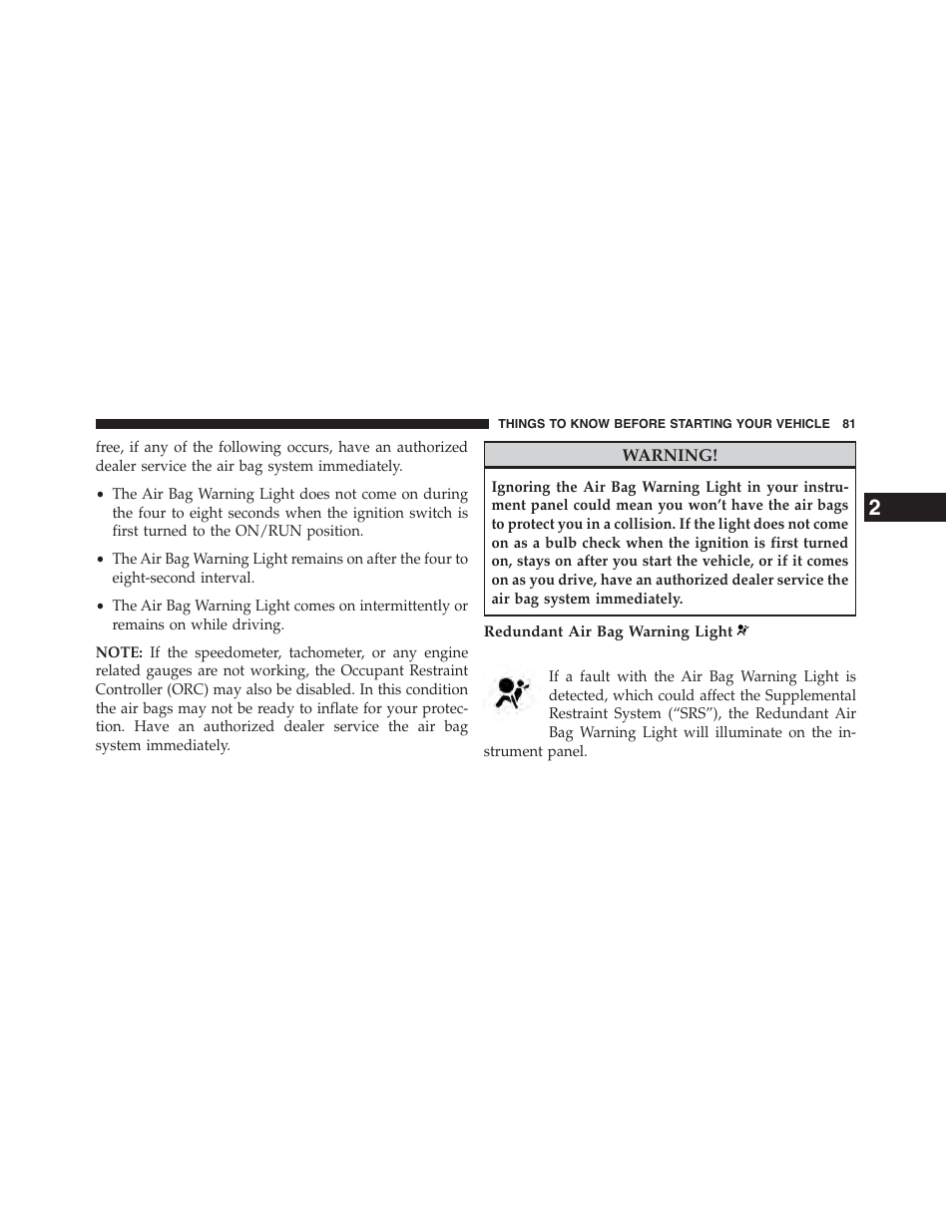 Redundant air bag warning light | Chrysler 2015 200 - Owner Manual User Manual | Page 83 / 694