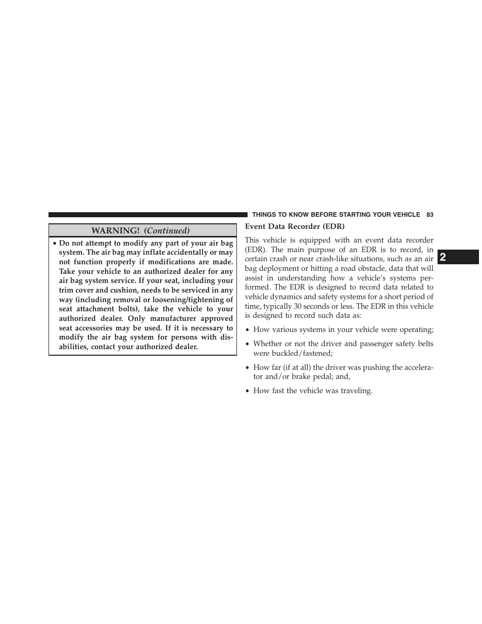 Event data recorder (edr) | Chrysler 2015 200 - Owner Manual User Manual | Page 85 / 694