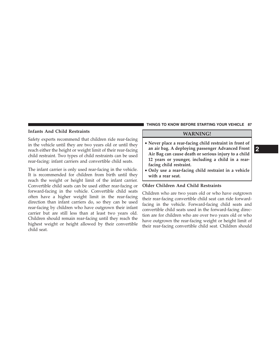 Infants and child restraints, Older children and child restraints | Chrysler 2015 200 - Owner Manual User Manual | Page 89 / 694
