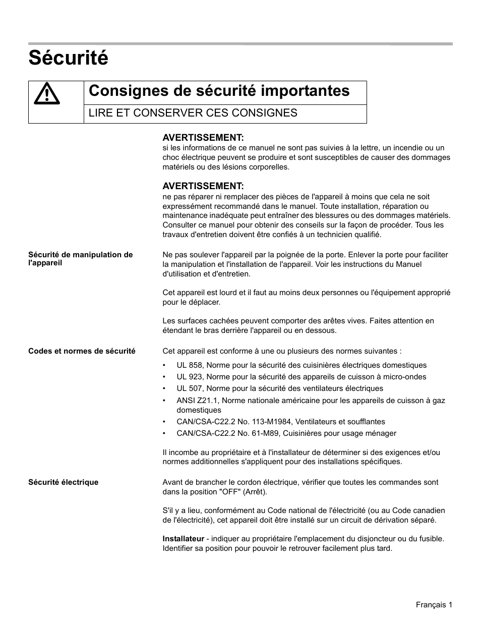 Sécurité, Consignes de sécurité importantes, Lire et conserver ces consignes | Sécurité de manipulation de l'appareil, Codes et normes de sécurité, Sécurité électrique | Bosch HBN33 User Manual | Page 21 / 56