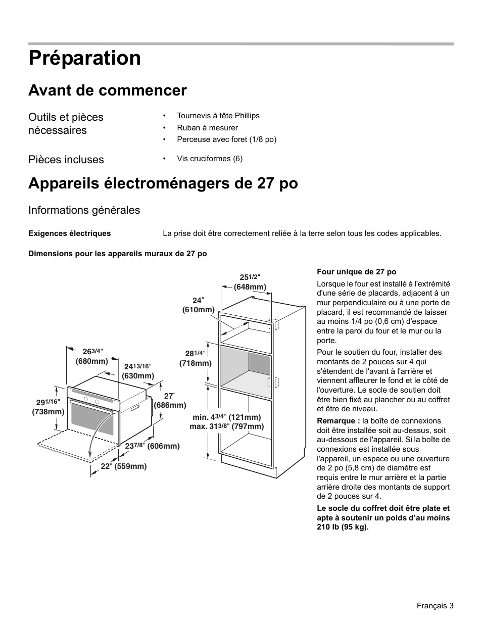 Préparation, Avant de commencer, Outils et pièces nécessaires | Pièces incluses, Appareils électroménagers de 27 po, Informations générales, Exigences électriques, Dimensions pour les appareils muraux de 27 po | Bosch HBN33 User Manual | Page 23 / 56