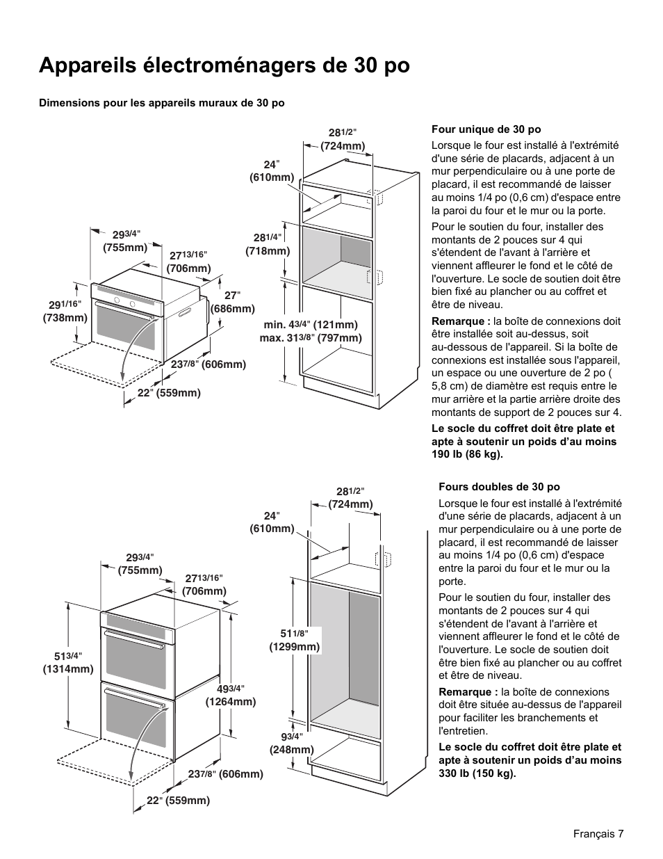 Appareils électroménagers de 30 po, Dimensions pour les appareils muraux de 30 po | Bosch HBN33 User Manual | Page 27 / 56