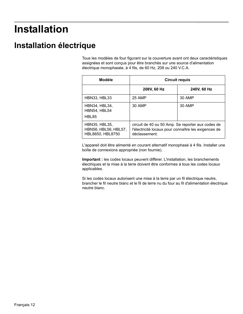 Installation, Installation électrique | Bosch HBN33 User Manual | Page 32 / 56