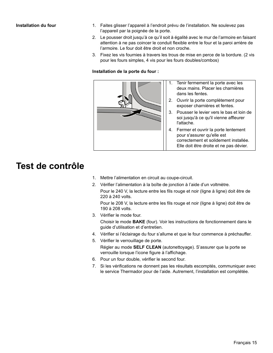 Installation du four, Test de contrôle, Mettre l’alimentation en circuit au coupe-circuit | Vérifier le mode four, Vérifier le verrouillage de porte, Pour un four double, vérifier le second four | Bosch HBN33 User Manual | Page 35 / 56