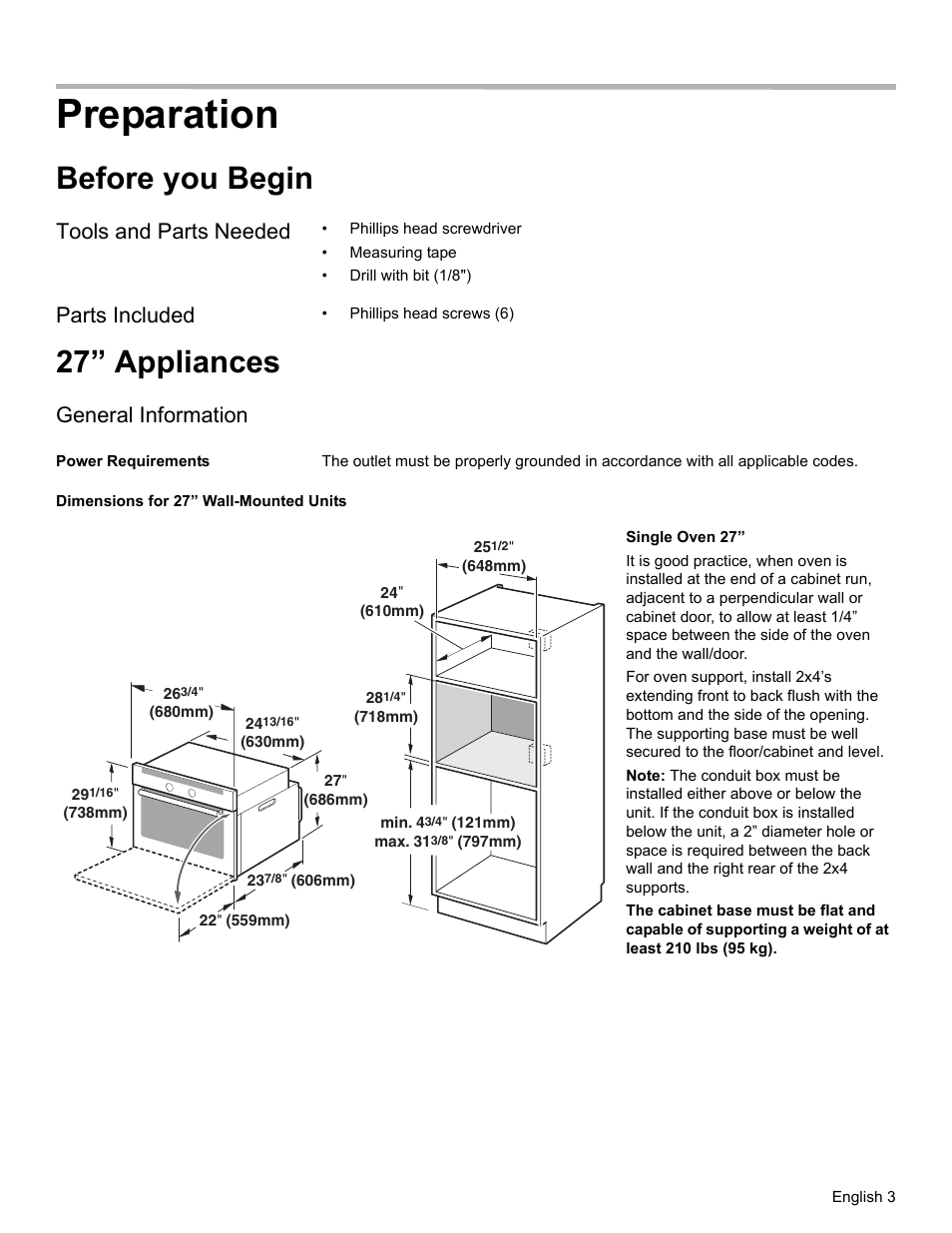 Preparation, Before you begin, Tools and parts needed | Parts included, 27” appliances, General information, Power requirements, Dimensions for 27” wall-mounted units | Bosch HBN33 User Manual | Page 5 / 56