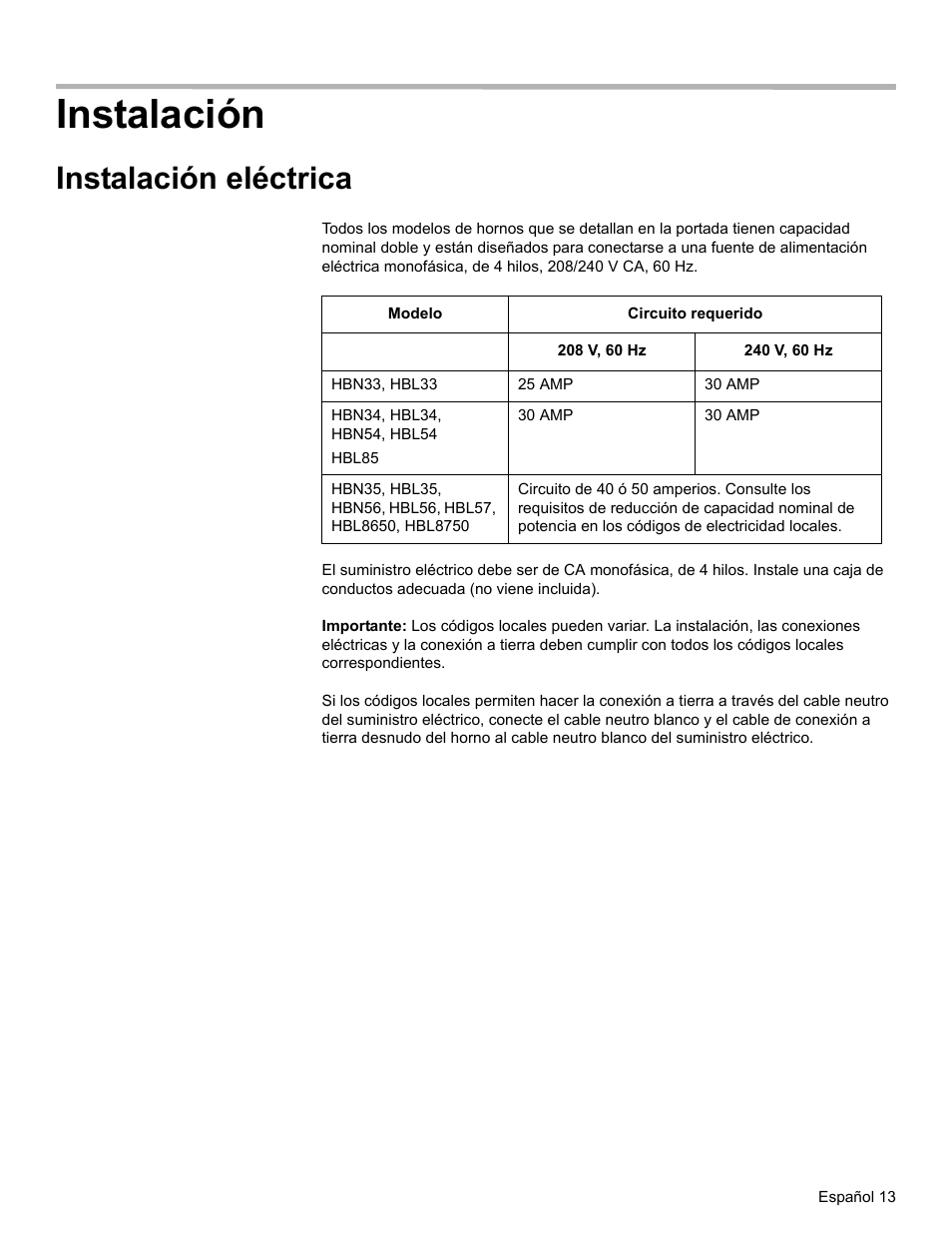 Instalación, Instalación eléctrica | Bosch HBN33 User Manual | Page 51 / 56