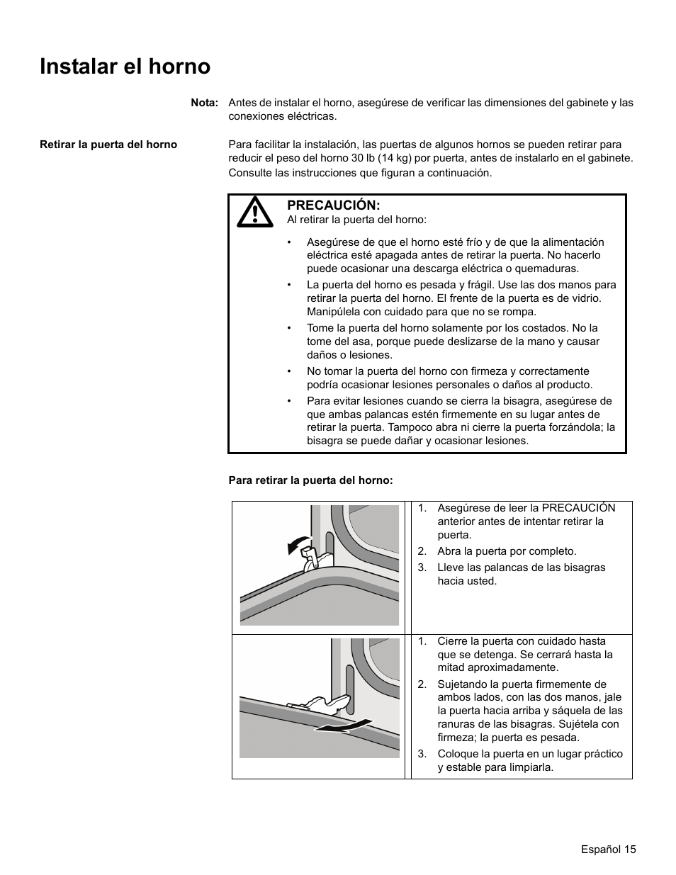 Instalar el horno, Nota, Retirar la puerta del horno | Abra la puerta por completo, Lleve las palancas de las bisagras hacia usted | Bosch HBN33 User Manual | Page 53 / 56