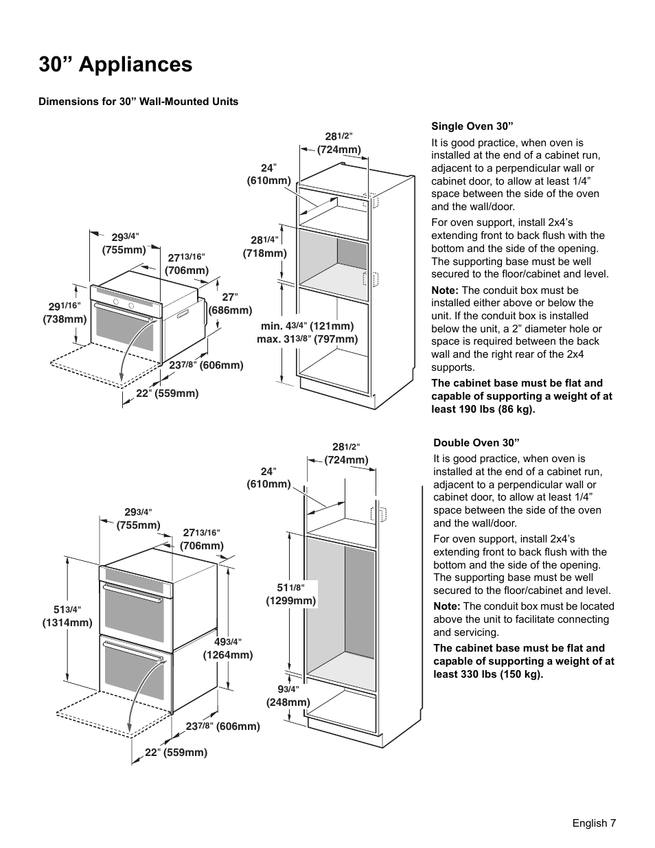 30” appliances, Dimensions for 30” wall-mounted units | Bosch HBN33 User Manual | Page 9 / 56