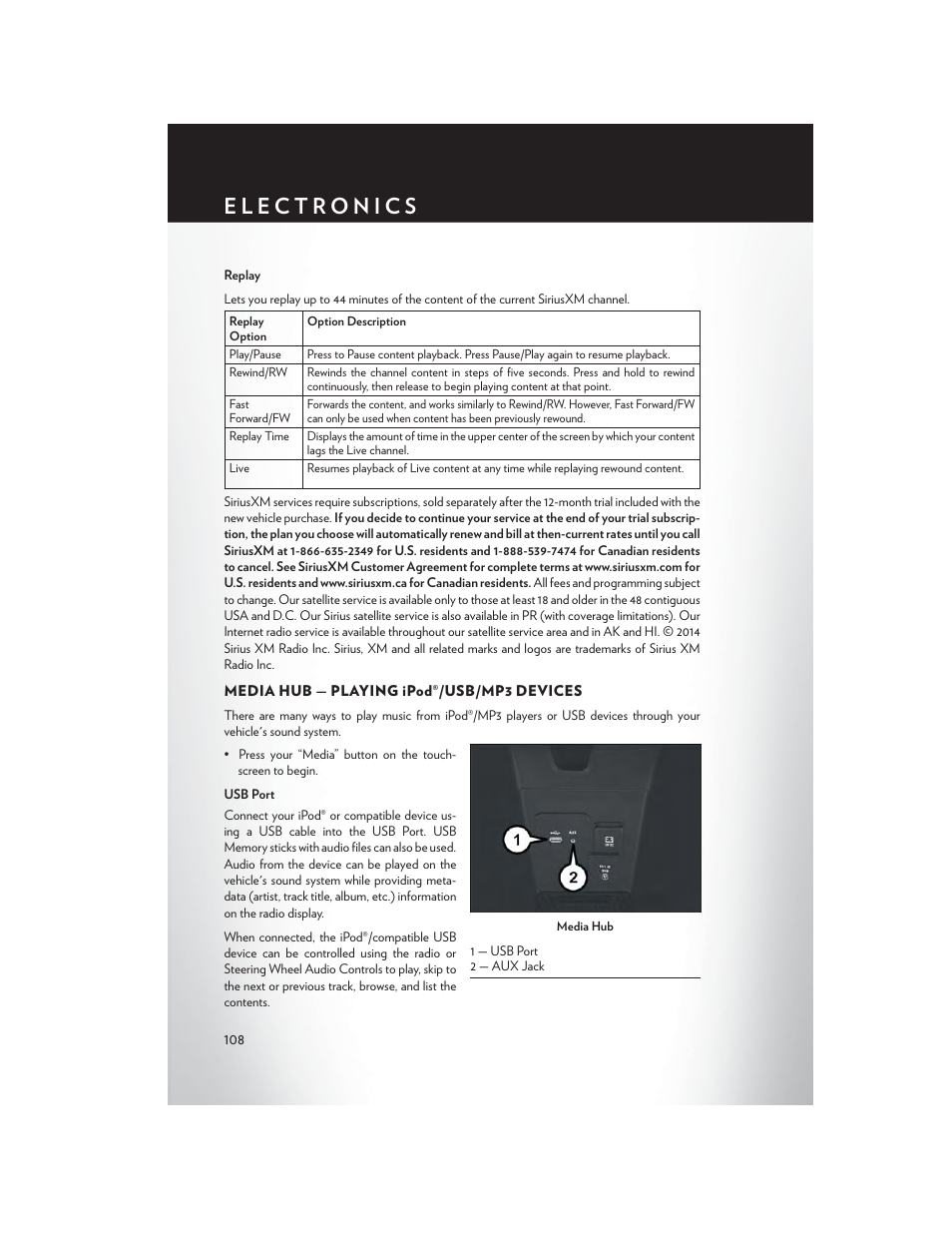 Media hub — playing ipod®/usb/mp3 devices | Chrysler 2015 200 - User Guide User Manual | Page 110 / 228