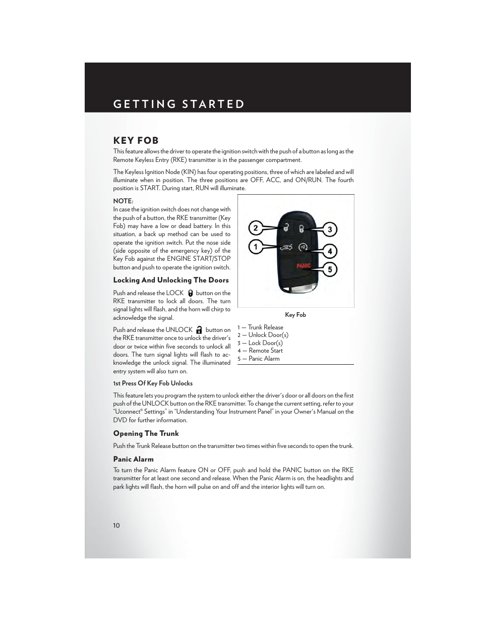 Getting started, Key fob, Locking and unlocking the doors | Opening the trunk, Panic alarm | Chrysler 2015 200 - User Guide User Manual | Page 12 / 228