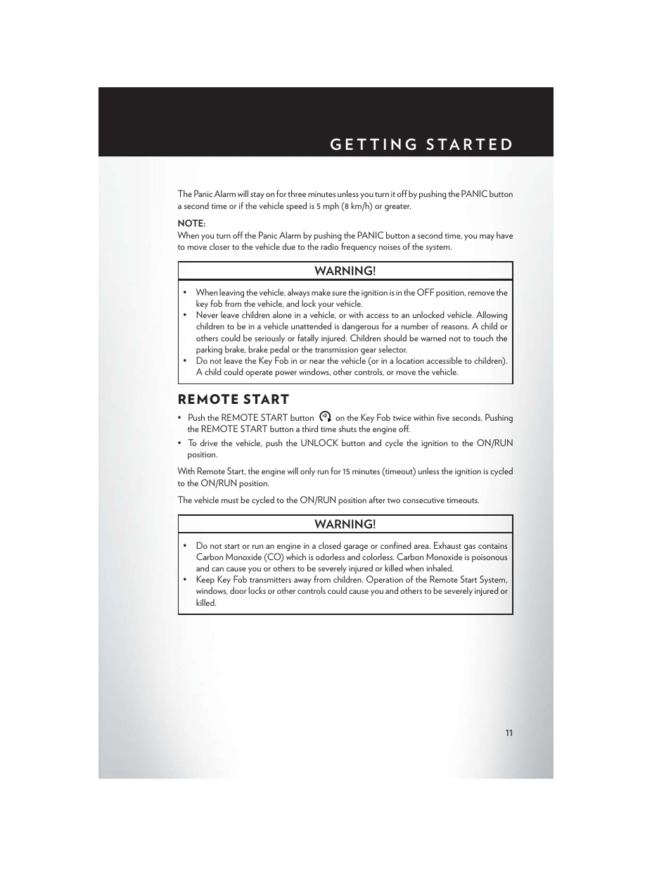 Remote start, Warning | Chrysler 2015 200 - User Guide User Manual | Page 13 / 228