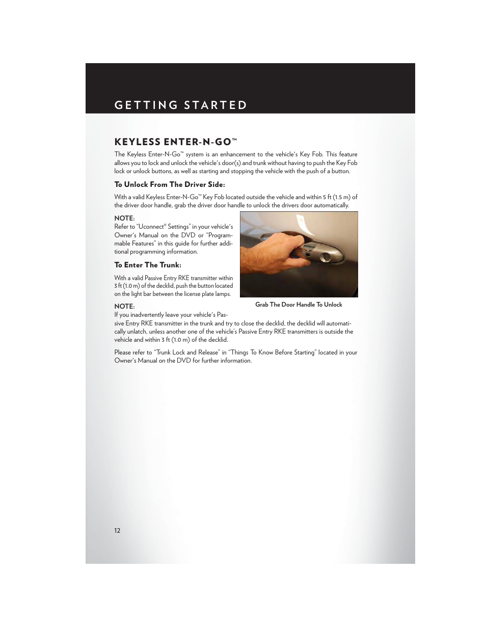 Keyless enter-n-go, To unlock from the driver side, To enter the trunk | Chrysler 2015 200 - User Guide User Manual | Page 14 / 228