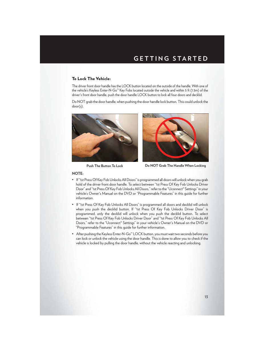 To lock the vehicle | Chrysler 2015 200 - User Guide User Manual | Page 15 / 228