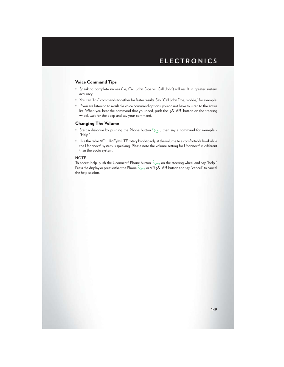 Voice command tips, Changing the volume | Chrysler 2015 200 - User Guide User Manual | Page 151 / 228