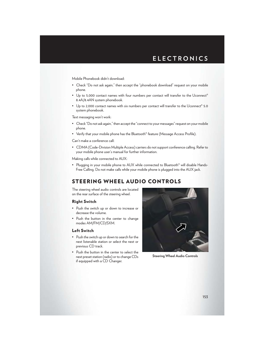 Steering wheel audio controls, Right switch, Left switch | Chrysler 2015 200 - User Guide User Manual | Page 155 / 228