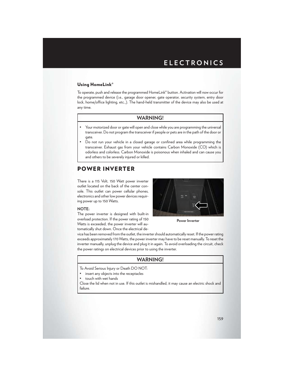 Using homelink, Power inverter | Chrysler 2015 200 - User Guide User Manual | Page 161 / 228